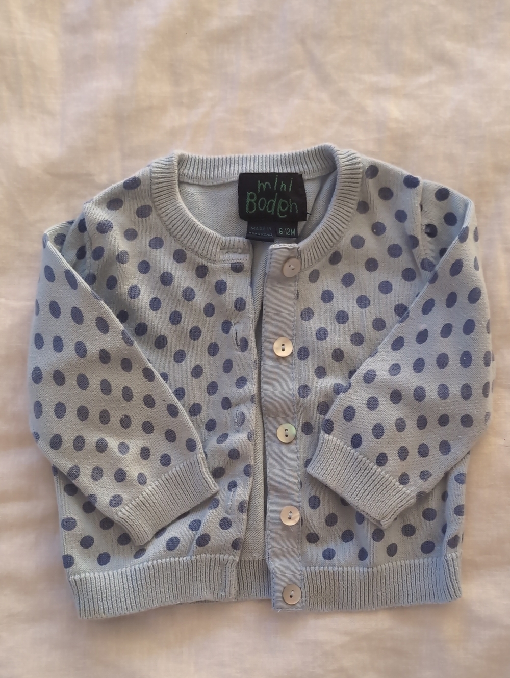 Boden Light Blue Baby Cardigan with Navy Polka Dots